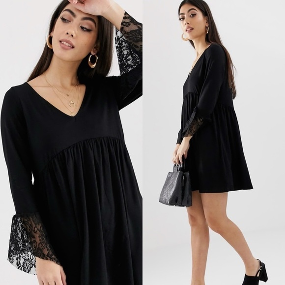 ASOS V Neck Swing V Neck Mini Dress w/Flared Lace Cuffs, Black, Size 8 - Picture 1 of 13